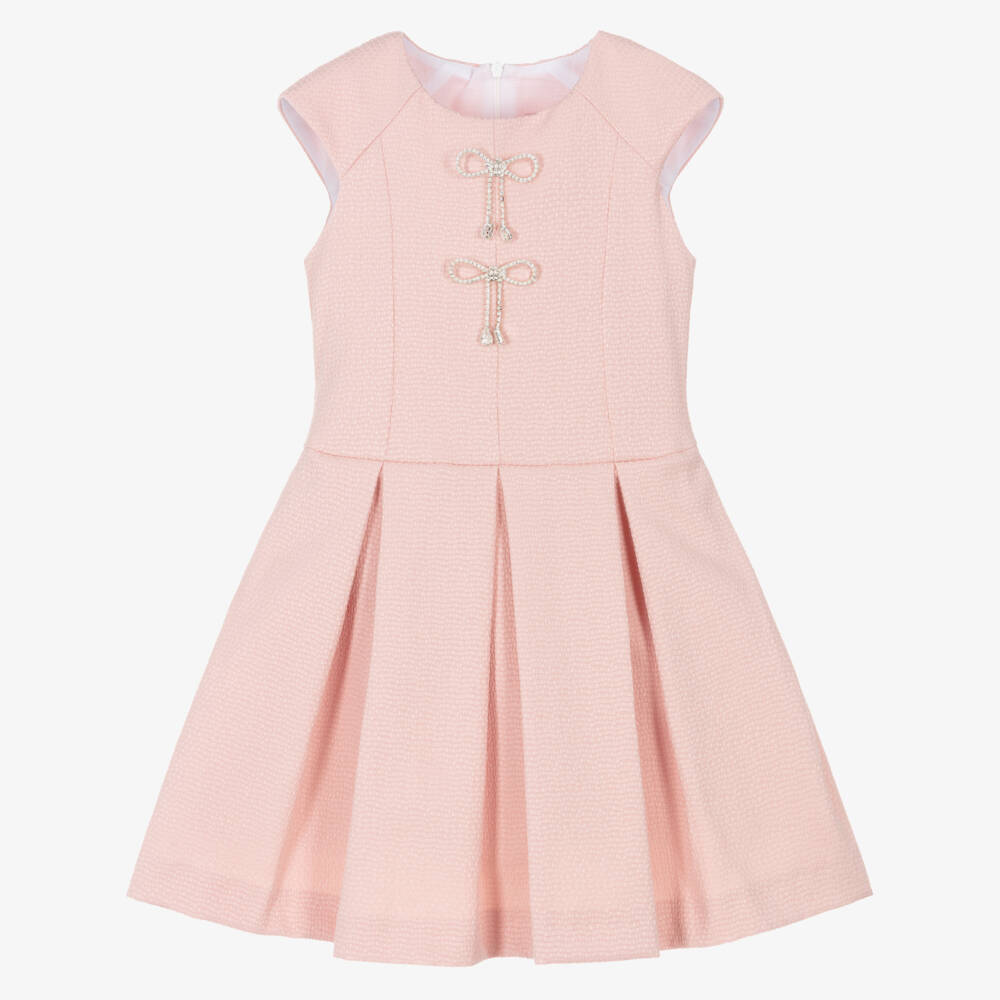 Irpa-Girls Pink Textured Dress with Diamanté Bow Brooches | Childrensalon Outlet