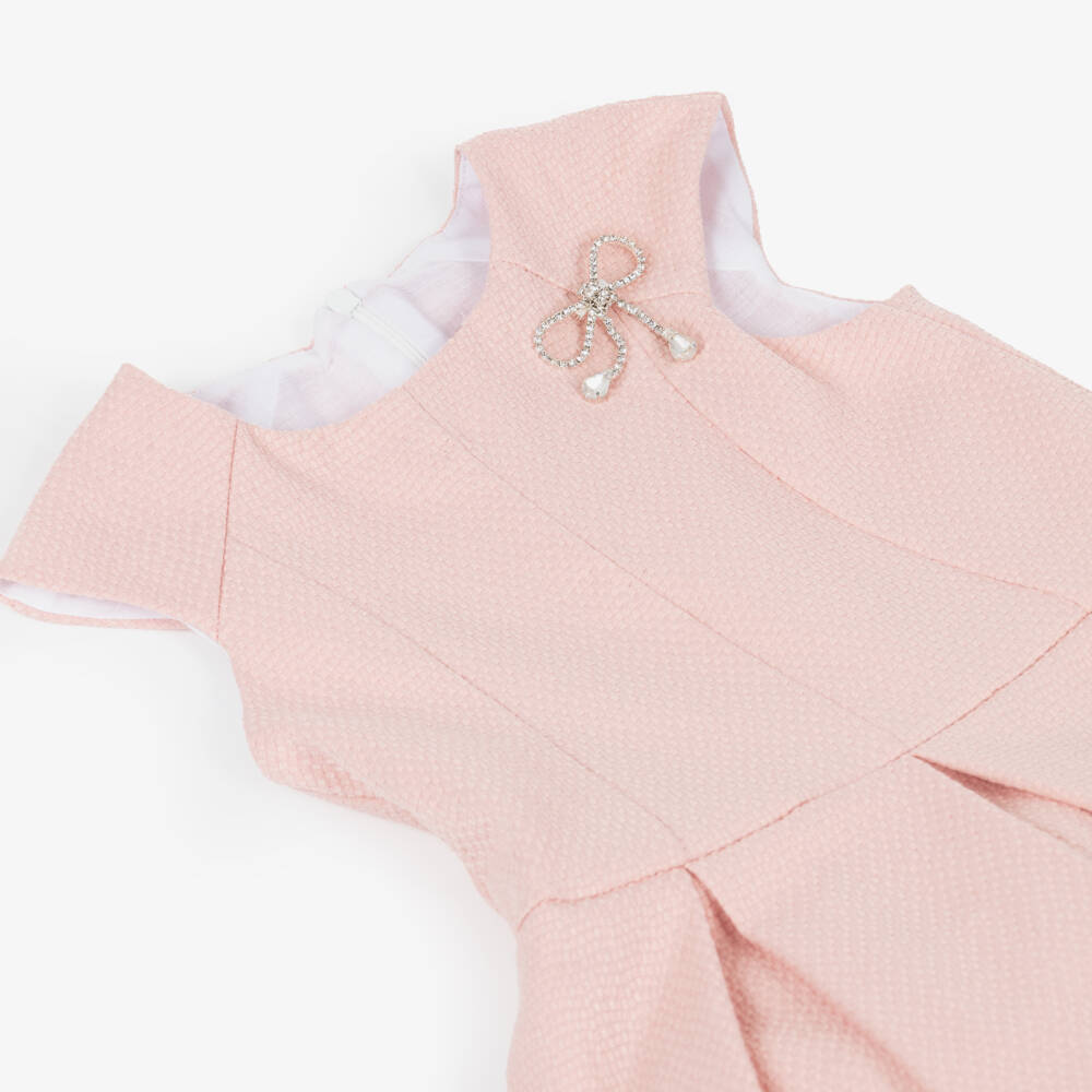 Irpa-Girls Pink Textured Dress with Diamanté Bow Brooches | Childrensalon Outlet