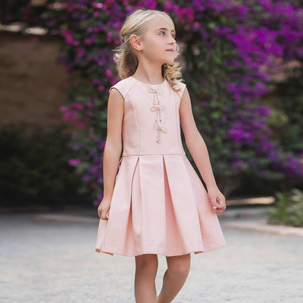 Irpa-Girls Pink Textured Dress with Diamanté Bow Brooches | Childrensalon Outlet