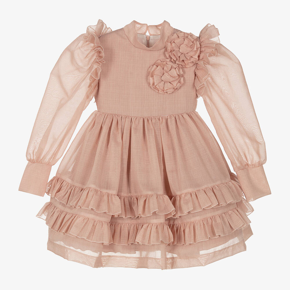 Irpa - Robe rose en voile à fleurs fille | Childrensalon