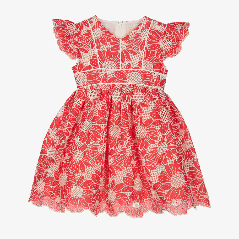 Irpa - Robe rouge en coton à fleurs fille | Childrensalon