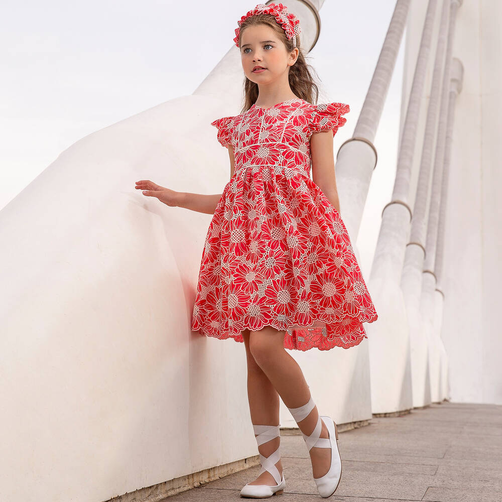 Irpa-فستان قطن لون أحمر وعاجي بطبعة ورود | Childrensalon Outlet