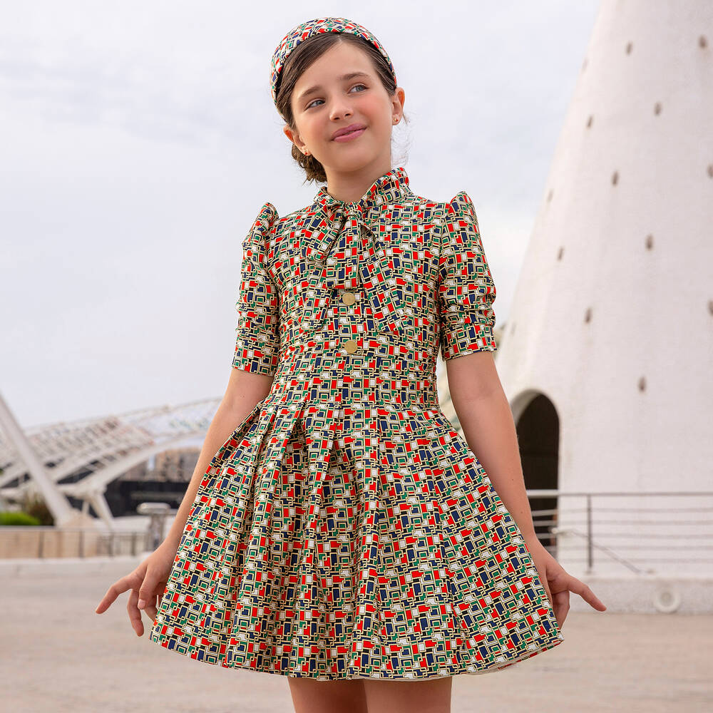 Irpa-Girls Red Geometric Satin Dress | Childrensalon Outlet