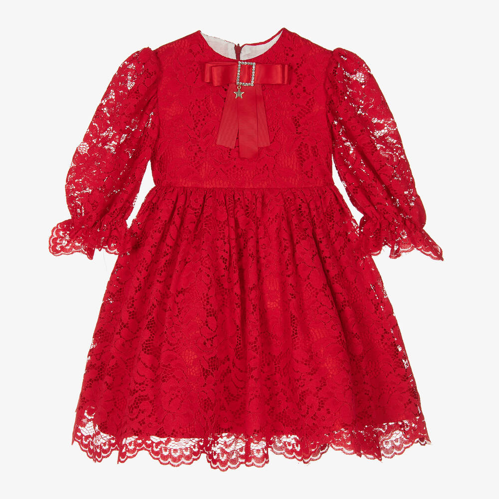 Irpa - فستان مزيج قطن مزين بدانتيل لون أحمر | Childrensalon