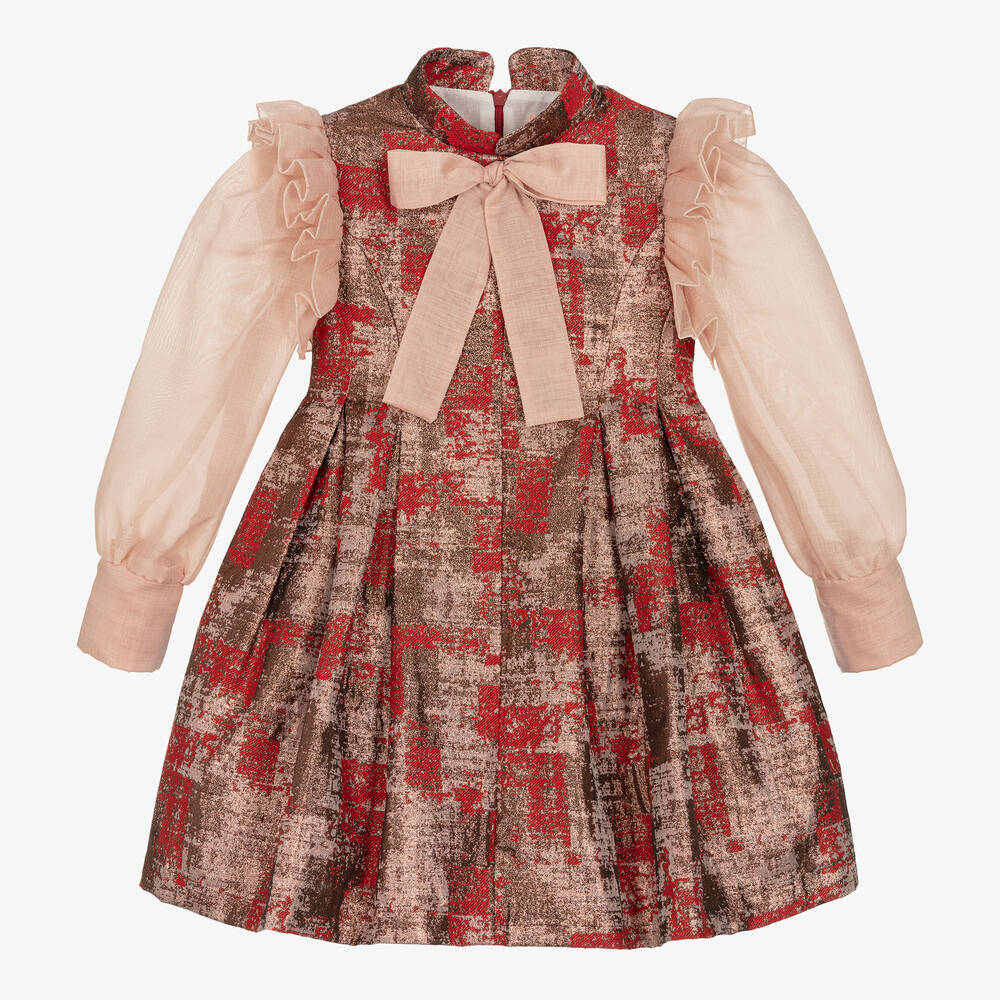 Irpa - Girls Red & Rose Gold Brocade Dress | Childrensalon