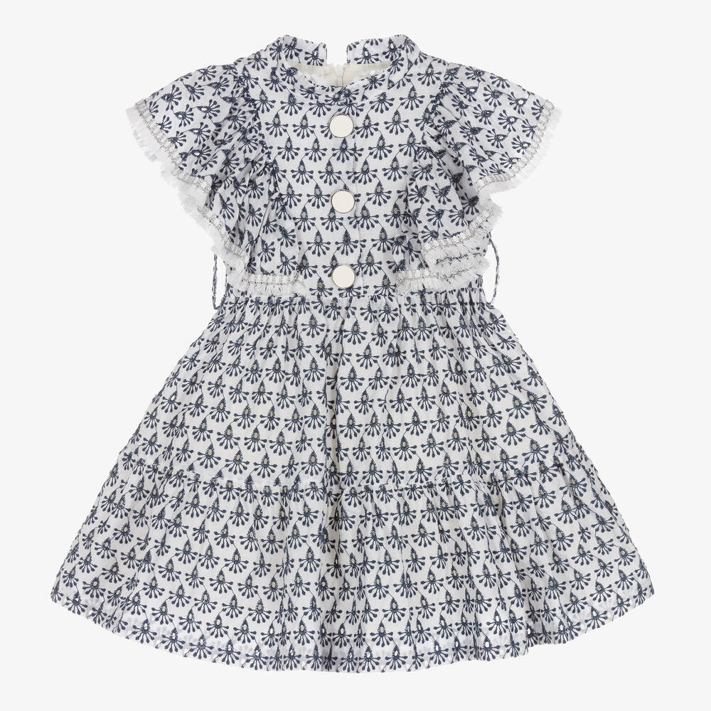 Irpa-Girls White & Blue Embroidered Dress | Childrensalon Outlet