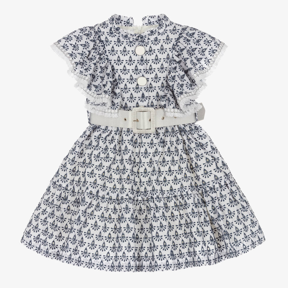 Irpa - Girls White & Blue Embroidered Dress | Childrensalon