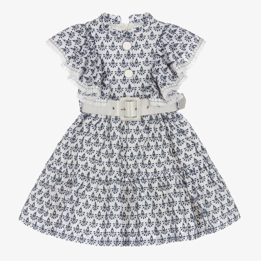 Irpa - Robe brodée bleue et blanche fille | Childrensalon