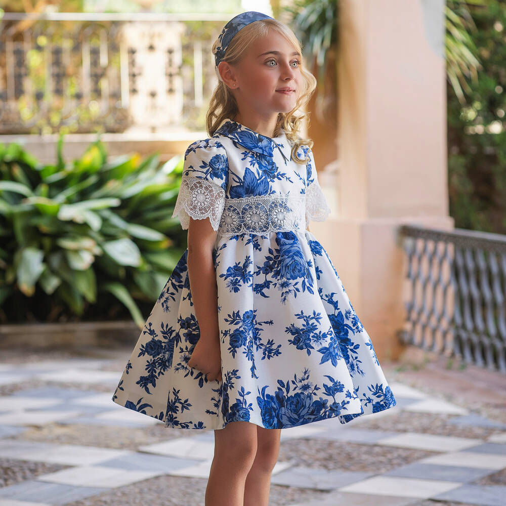 Irpa-Girls White & Blue Floral Print Dress | Childrensalon Outlet