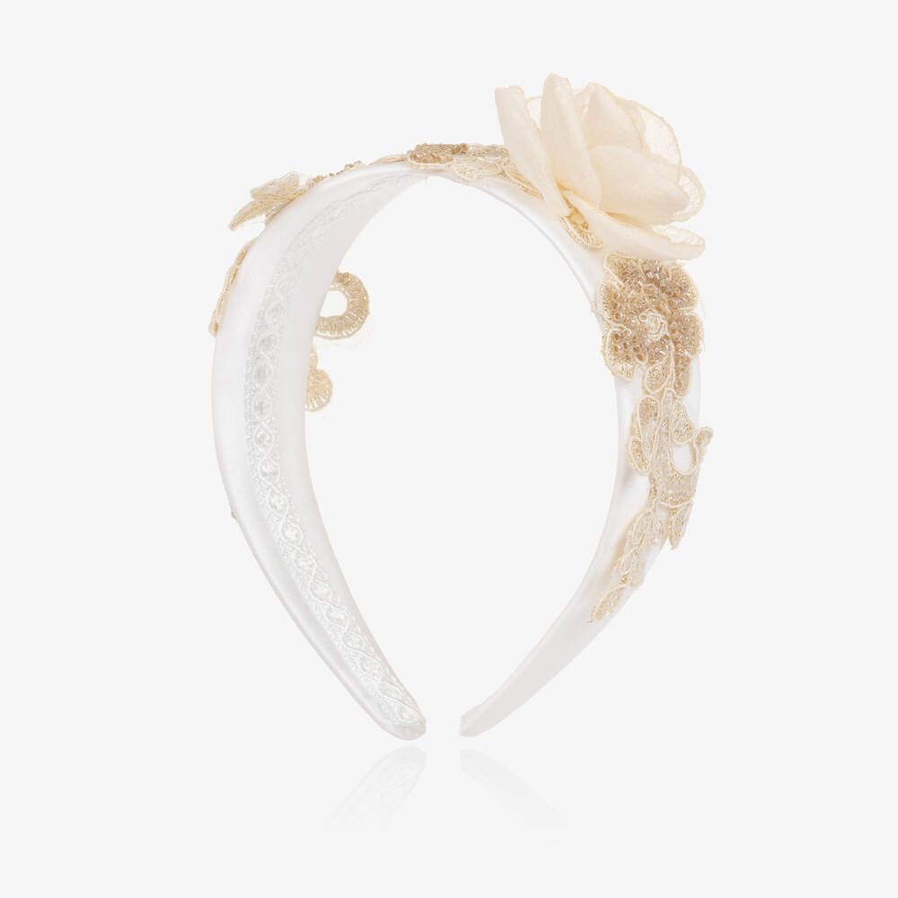 Irpa-Girls White & Champagne Gold Floral Hairband | Childrensalon Outlet