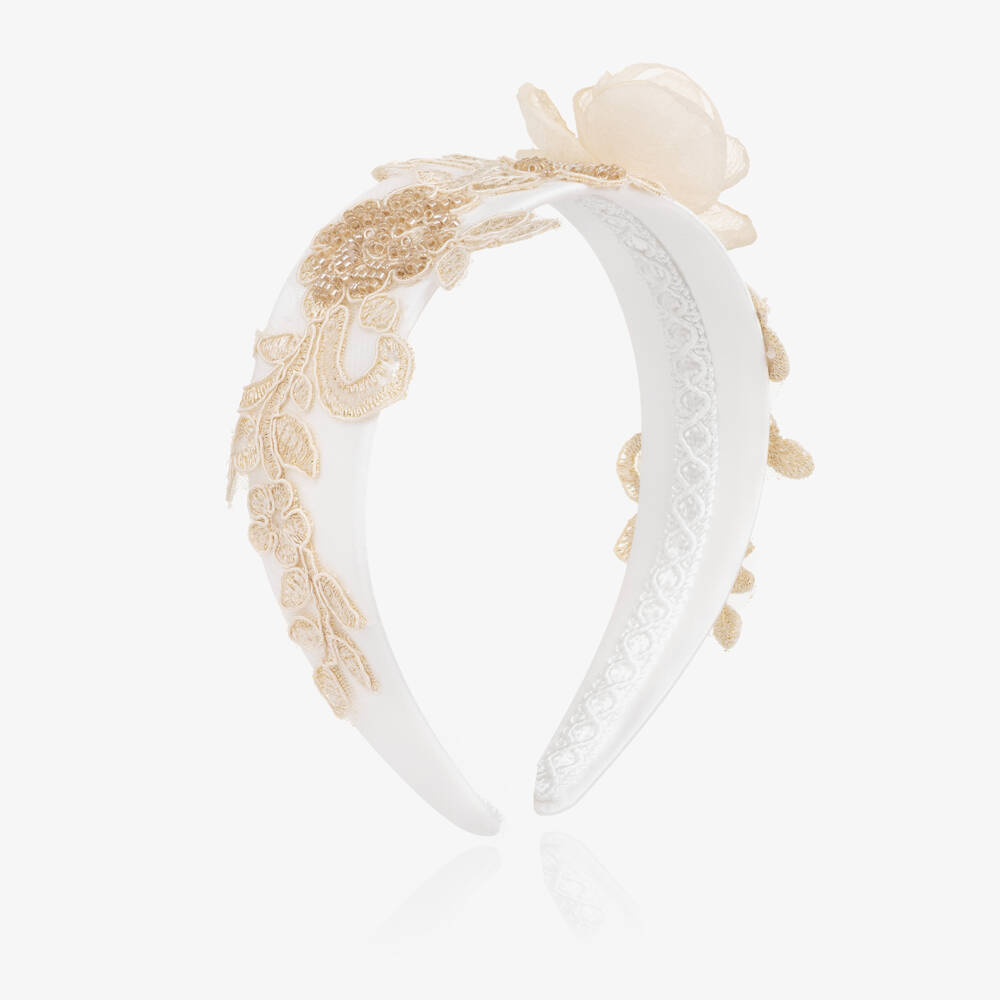Irpa-Girls White & Champagne Gold Floral Hairband | Childrensalon Outlet