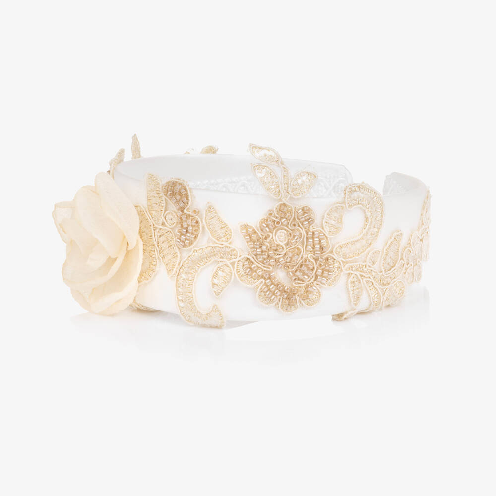 Irpa-Girls White & Champagne Gold Floral Hairband | Childrensalon Outlet