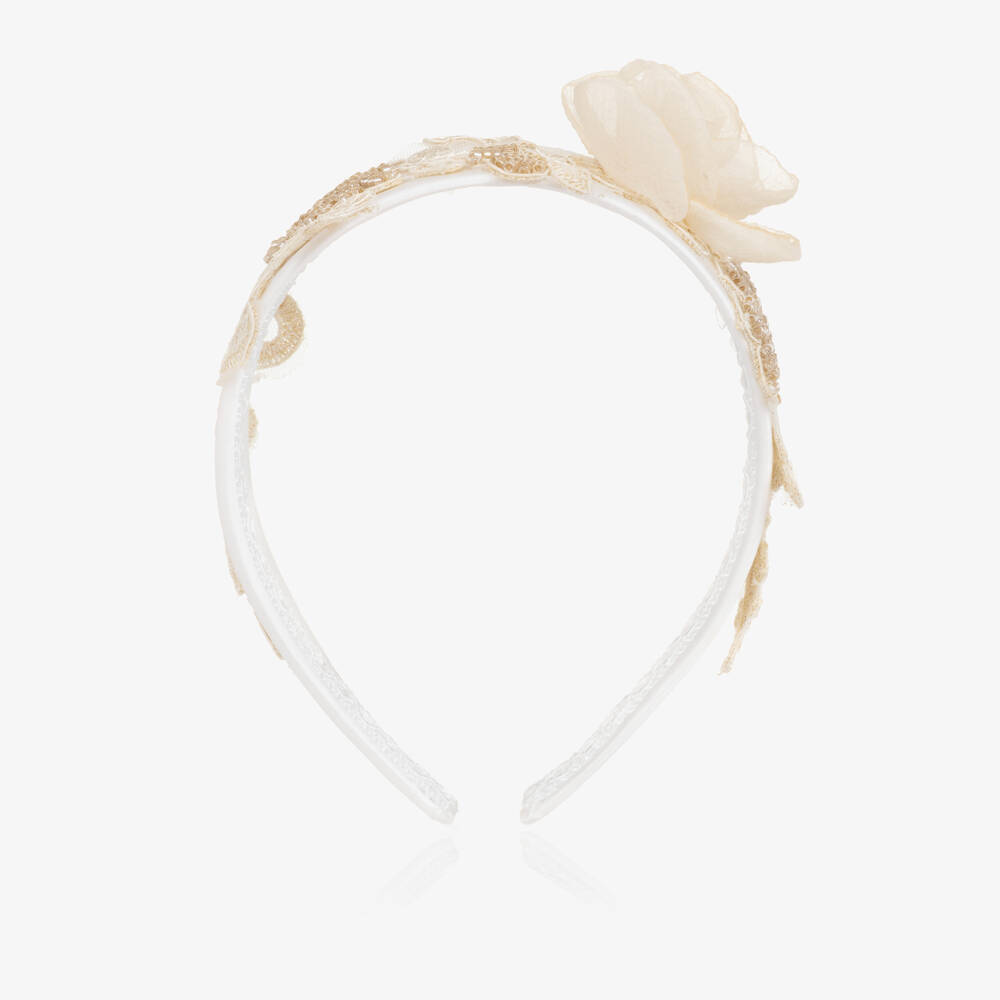 Irpa-Girls White & Champagne Gold Floral Hairband | Childrensalon Outlet