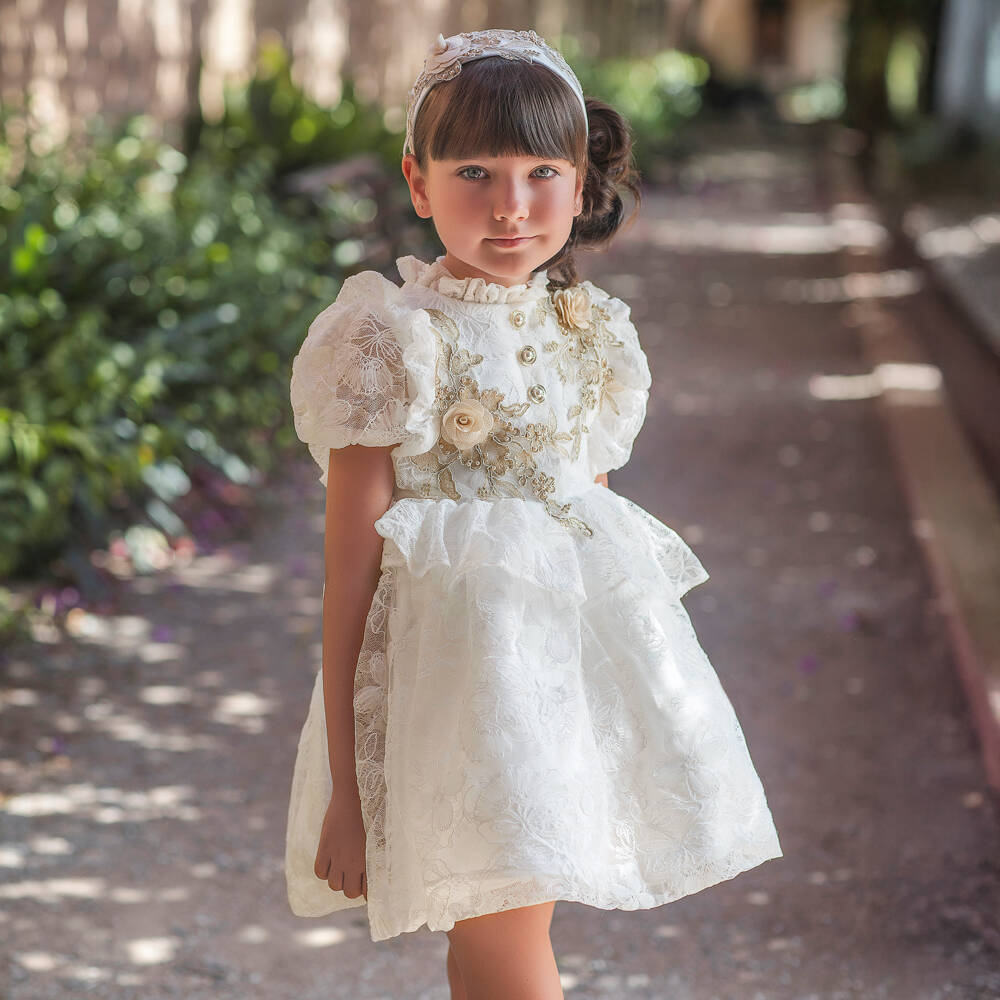 Irpa-Girls White Lace Dress with Gold Floral Detailing | Childrensalon Outlet