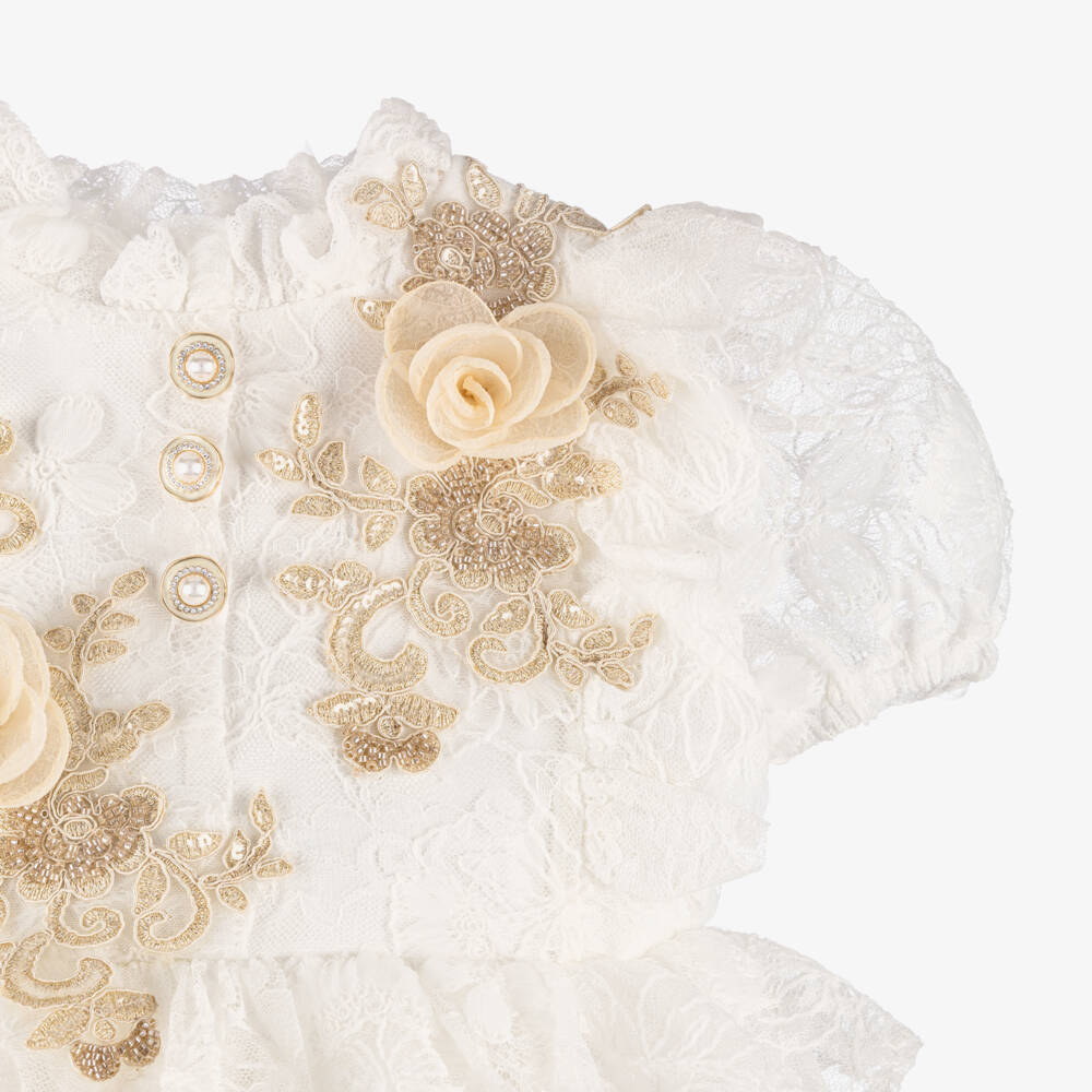 Irpa-Girls White Lace Dress with Gold Floral Detailing | Childrensalon Outlet