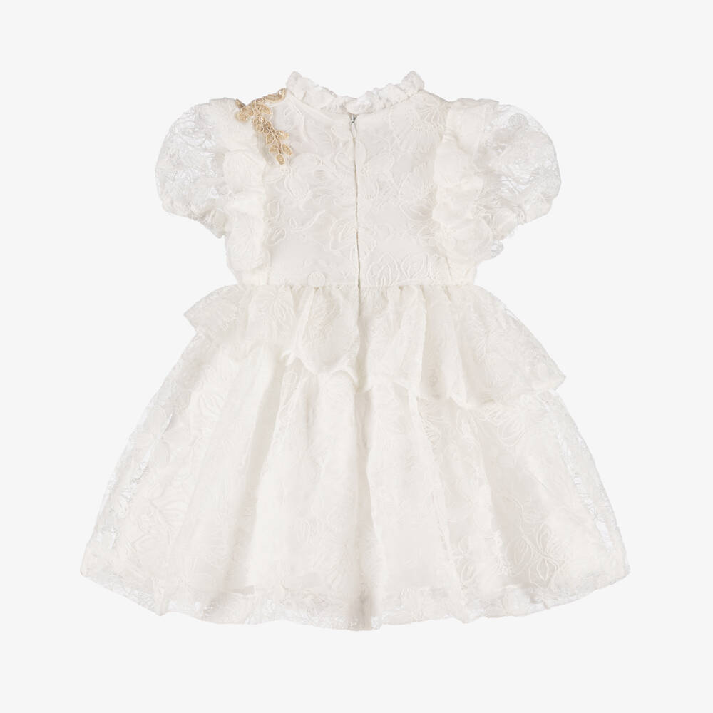 Irpa-Girls White Lace Dress with Gold Floral Detailing | Childrensalon Outlet