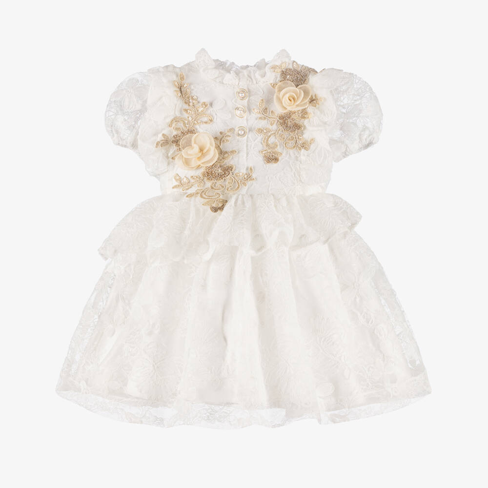 Irpa-Girls White Lace Dress with Gold Floral Detailing | Childrensalon Outlet