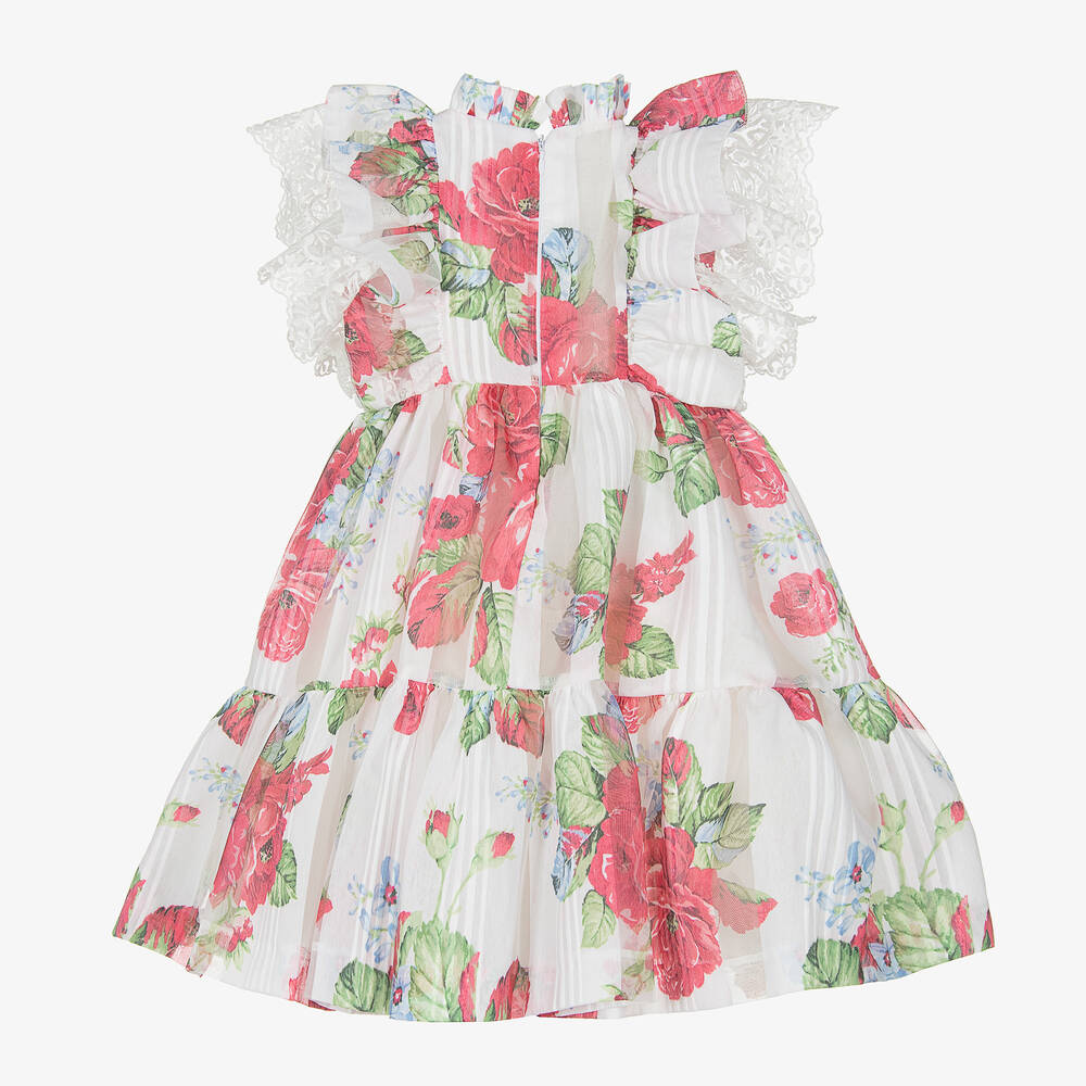 Irpa-فستان مزيج قطن لون أبيض وزهري بطبعة ورود | Childrensalon Outlet