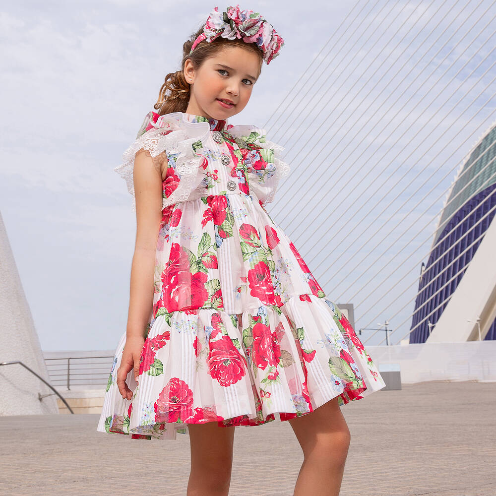 Irpa-فستان مزيج قطن لون أبيض وزهري بطبعة ورود | Childrensalon Outlet