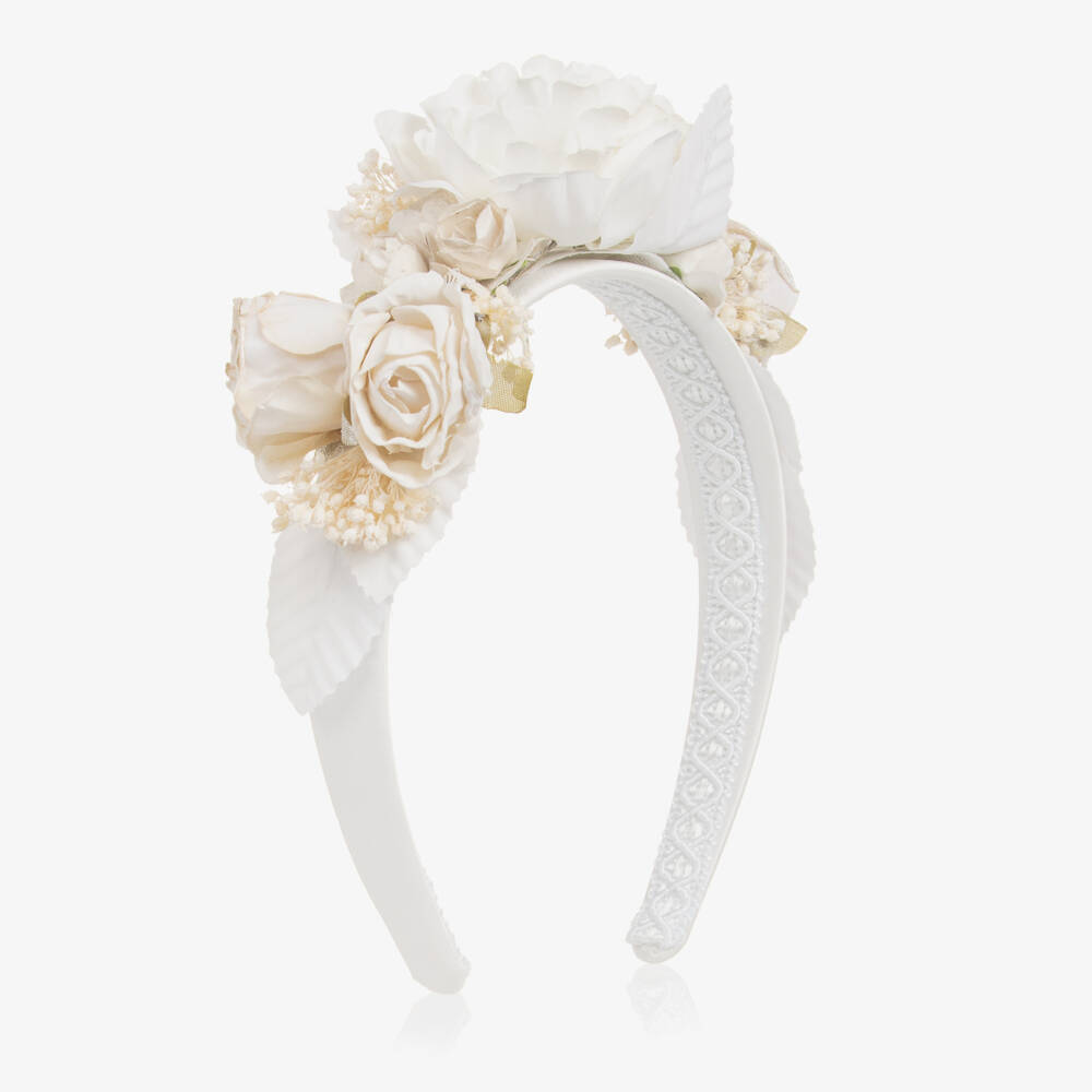 Irpa-Girls White Satin Hairband with Floral Appliqués | Childrensalon Outlet