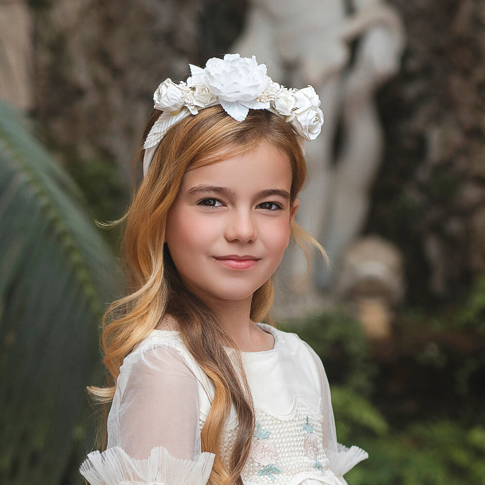 Irpa-Girls White Satin Hairband with Floral Appliqués | Childrensalon Outlet