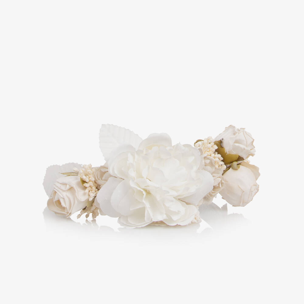 Irpa-Girls White Satin Hairband with Floral Appliqués | Childrensalon Outlet