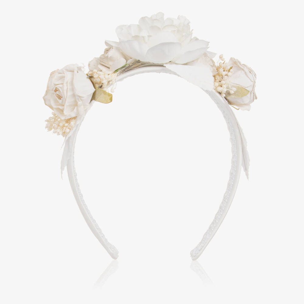 Irpa-Girls White Satin Hairband with Floral Appliqués | Childrensalon Outlet