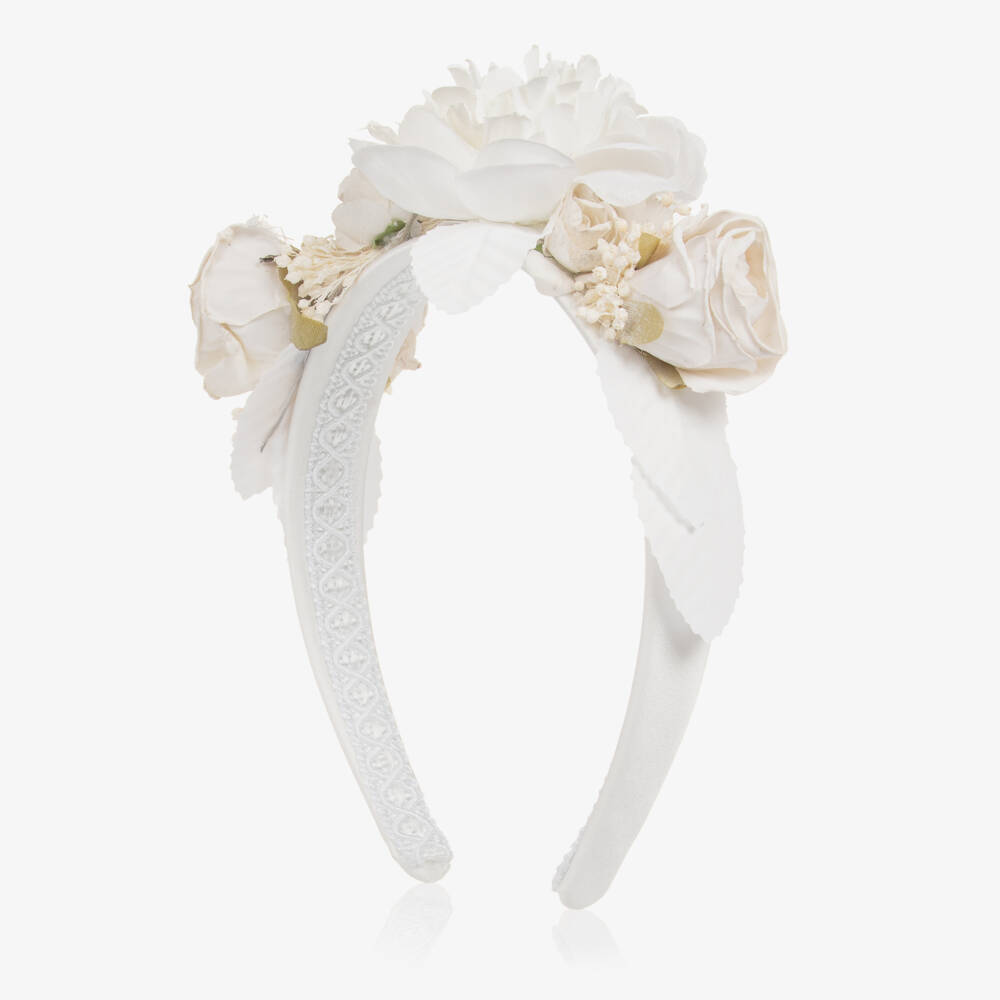Irpa-Girls White Satin Hairband with Floral Appliqués | Childrensalon Outlet