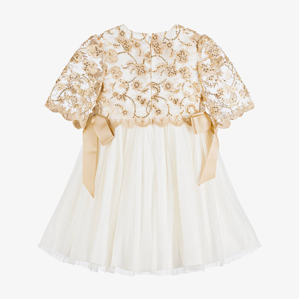 Irpa-Girls White Satin & Tulle Dress with Gold Sequins | Childrensalon Outlet