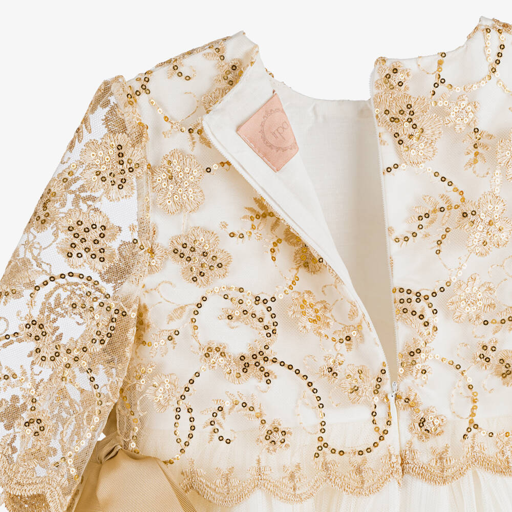 Irpa-Girls White Satin & Tulle Dress with Gold Sequins | Childrensalon Outlet
