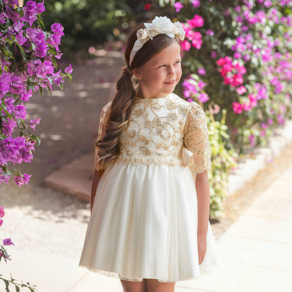Irpa-Girls White Satin & Tulle Dress with Gold Sequins | Childrensalon Outlet