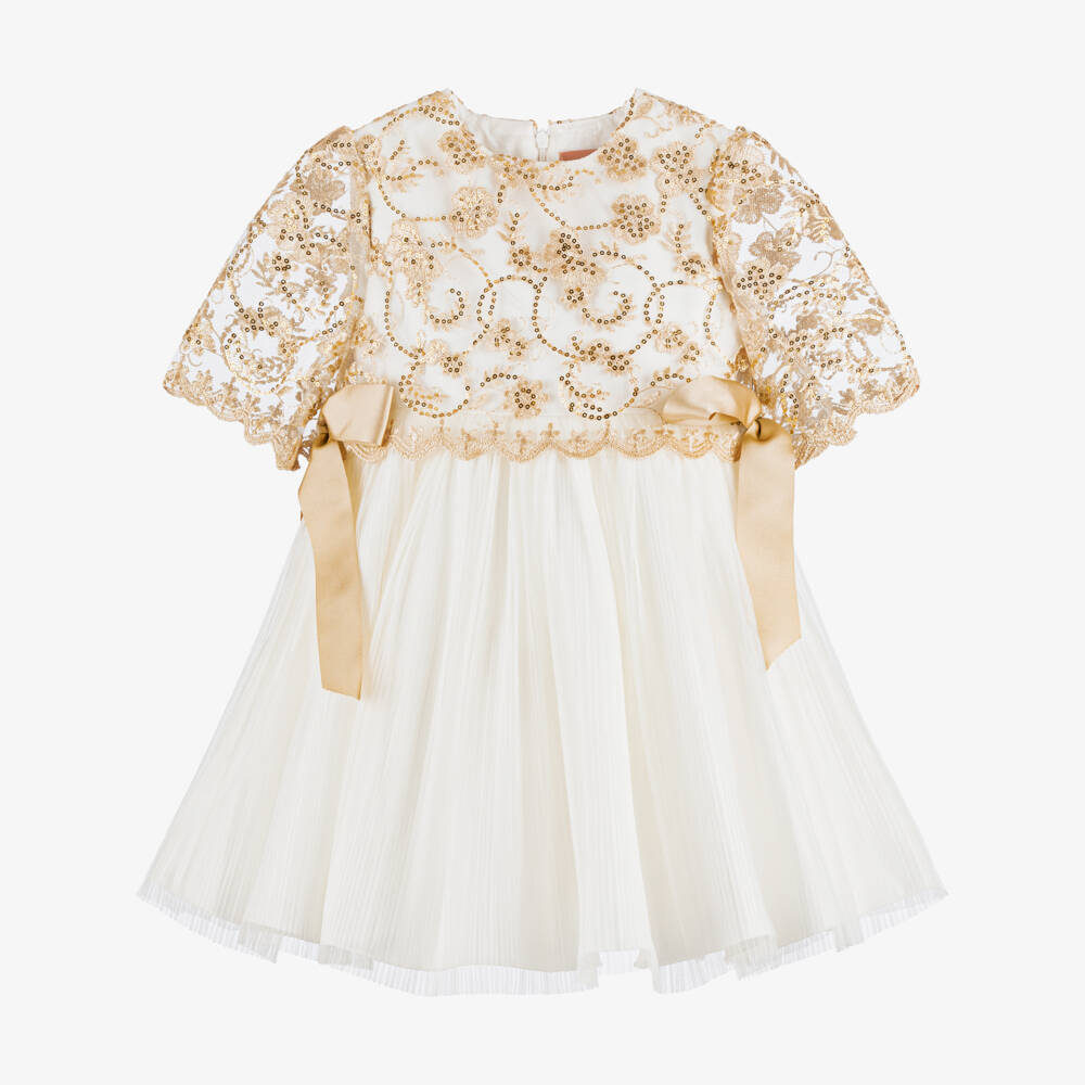 Irpa-Girls White Satin & Tulle Dress with Gold Sequins | Childrensalon Outlet