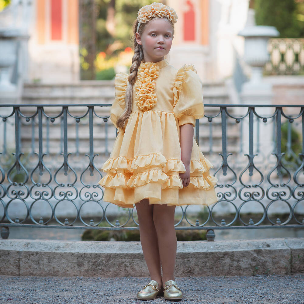 Irpa-Girls Yellow Puffed Sleeve Dress | Childrensalon Outlet
