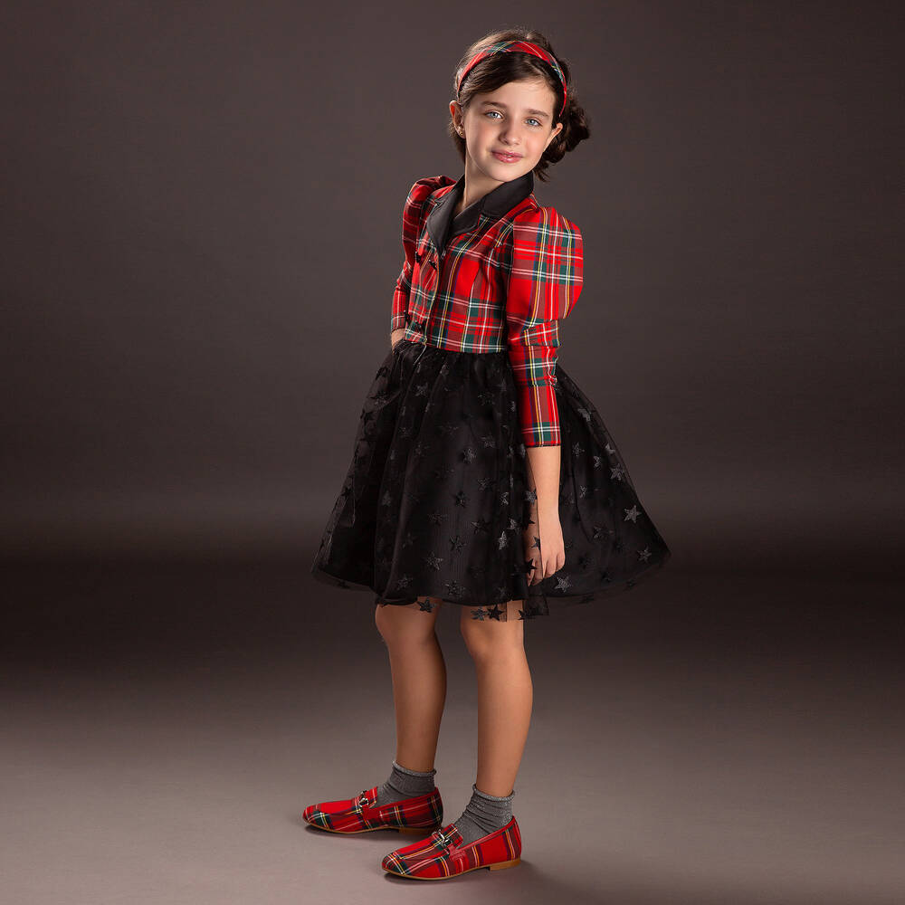 Irpa-Red Tartan & Black Tulle Dress | Childrensalon Outlet