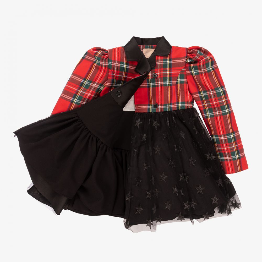 Irpa-Red Tartan & Black Tulle Dress | Childrensalon Outlet