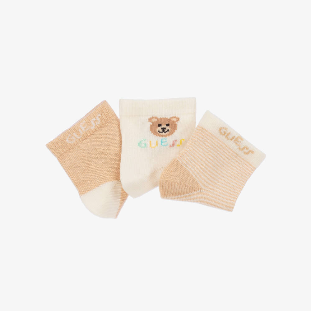 Guess-Ivory & Beige Teddy Bear Socks (3 Pack) | Childrensalon Outlet