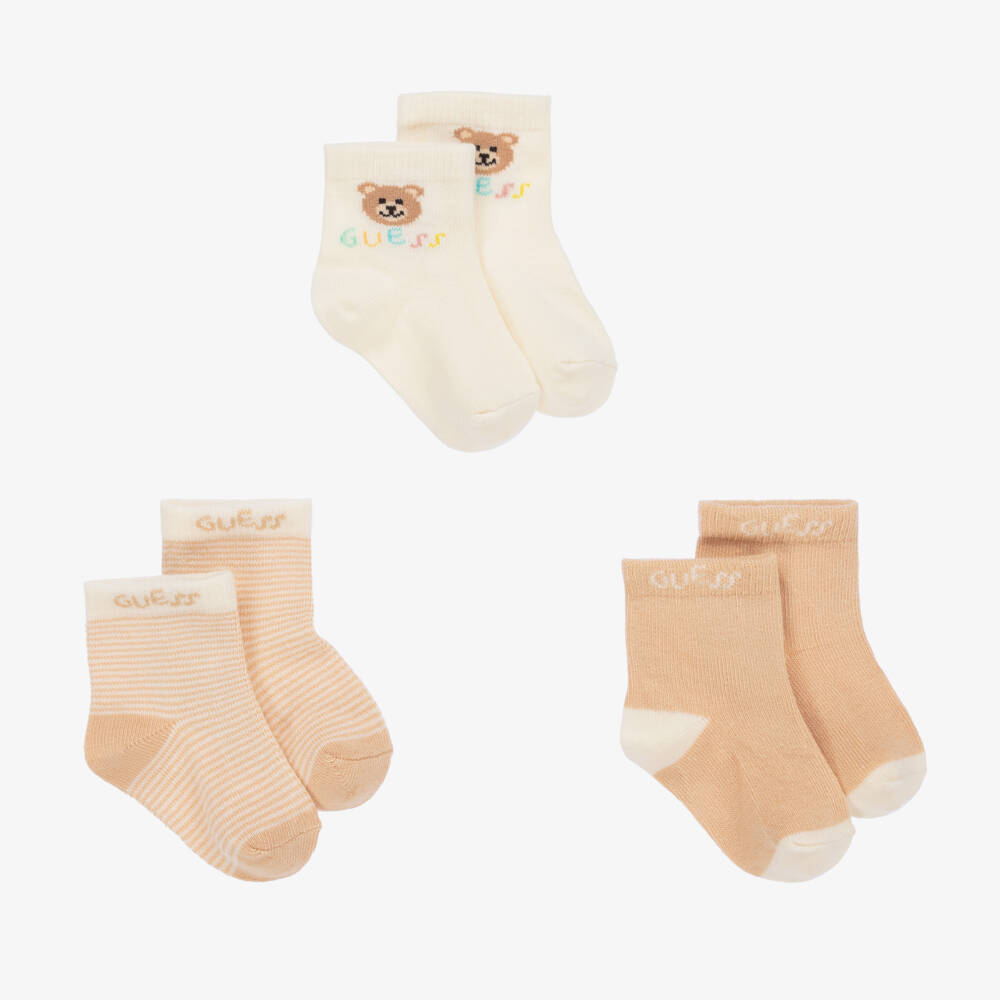 Guess-Ivory & Beige Teddy Bear Socks (3 Pack) | Childrensalon Outlet