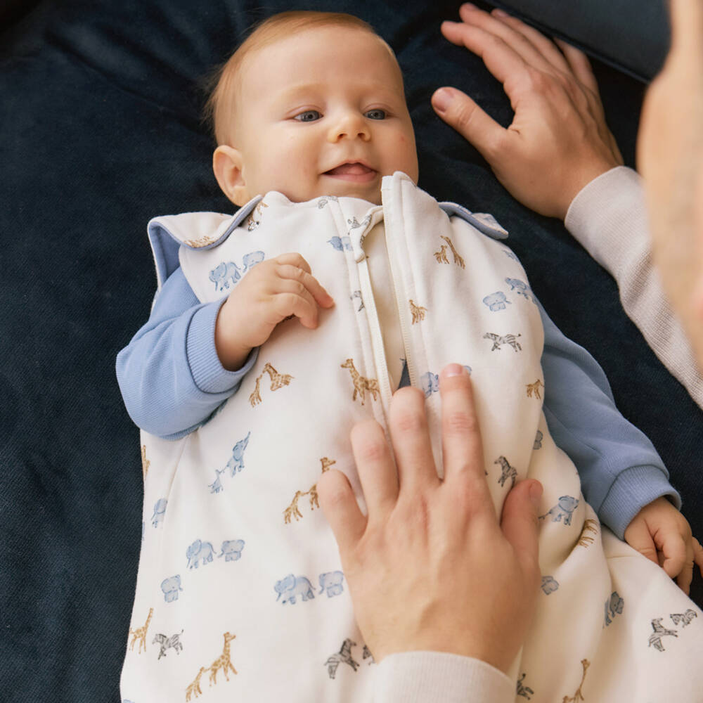 Mayoral Newborn-Ivory & Blue Cotton Jersey Safari Animals Sleeping Bag (75cm) | Childrensalon Outlet