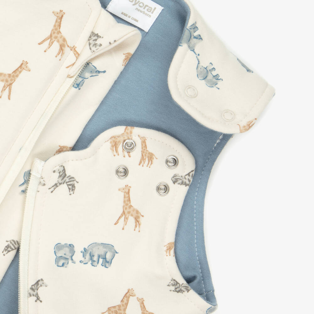 Mayoral Newborn-Ivory & Blue Cotton Jersey Safari Animals Sleeping Bag (75cm) | Childrensalon Outlet