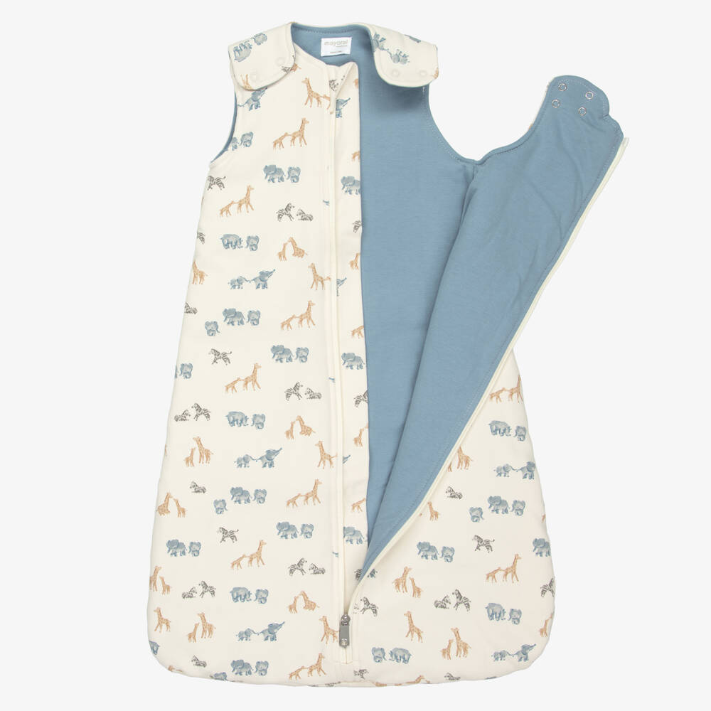 Mayoral Newborn-Ivory & Blue Cotton Jersey Safari Animals Sleeping Bag (75cm) | Childrensalon Outlet