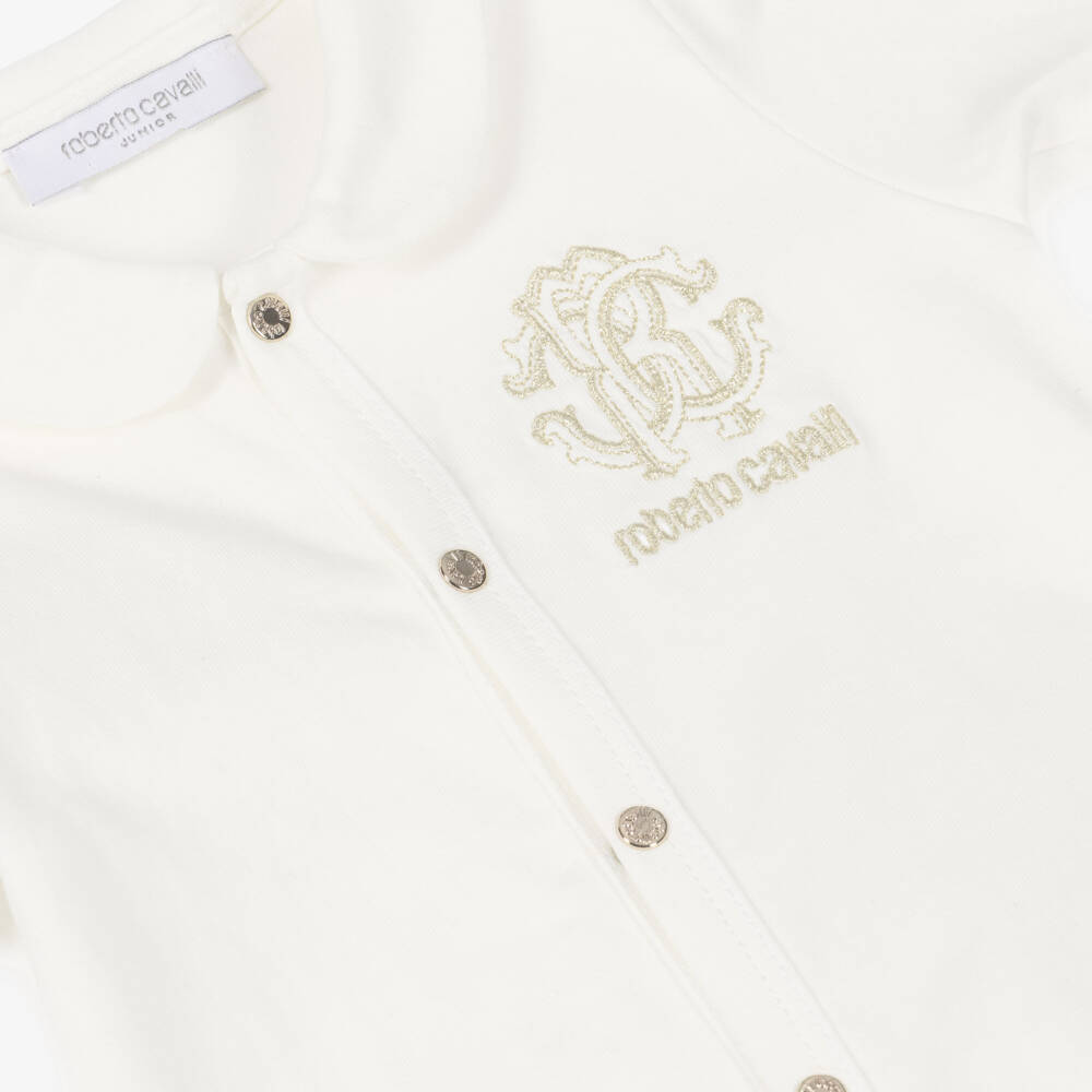 Roberto Cavalli-Ivory Cotton Babysuit Set with Gold RC Monogram Logos | Childrensalon Outlet