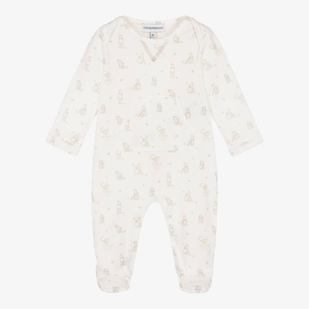 Emporio Armani-Ivory Cotton Bunny & Logo Pattern Babygrow | Childrensalon Outlet