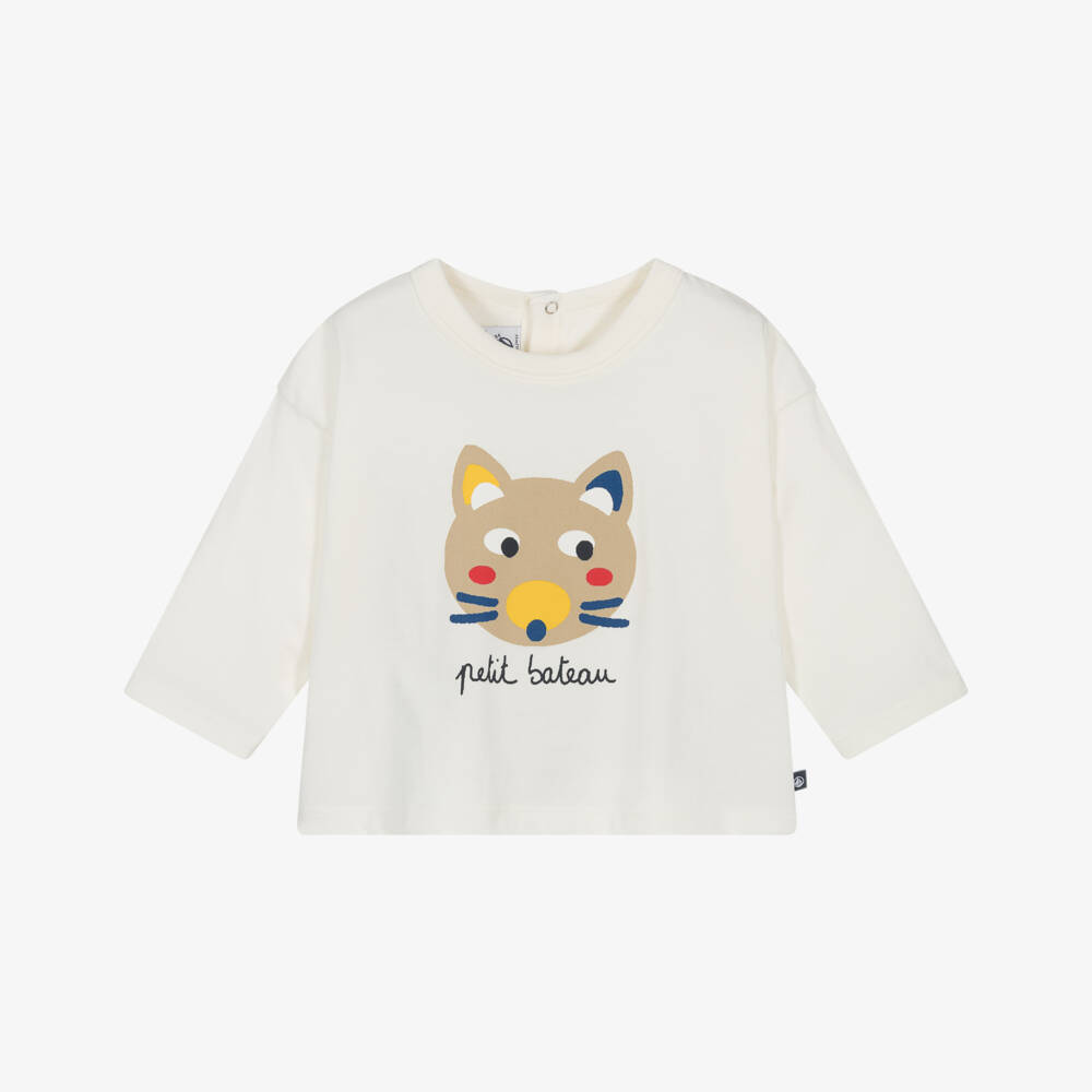 Petit Bateau-Ivory Cotton Cat Top with Script Logo | Childrensalon Outlet