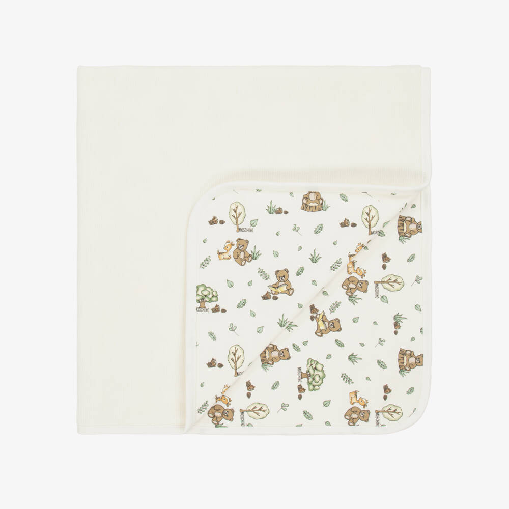 Moschino-Ivory Cotton Double-Sided Baby Blanket (70cm) | Childrensalon Outlet