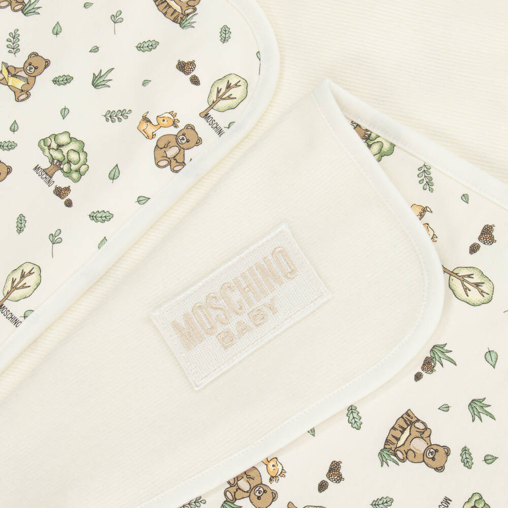Moschino-Ivory Cotton Double-Sided Baby Blanket (70cm) | Childrensalon Outlet