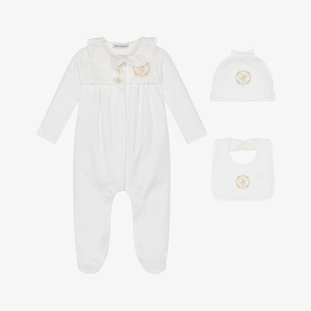 Dolce & Gabbana-Ivory Cotton Embroidered DG Babysuit Gift Set | Childrensalon Outlet