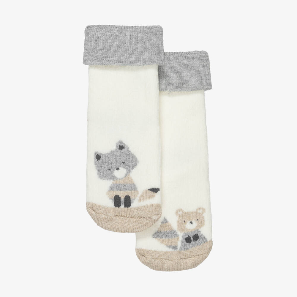 Mayoral Newborn-Ivory Cotton Fox Baby Socks with Rubberised Grips | Childrensalon Outlet