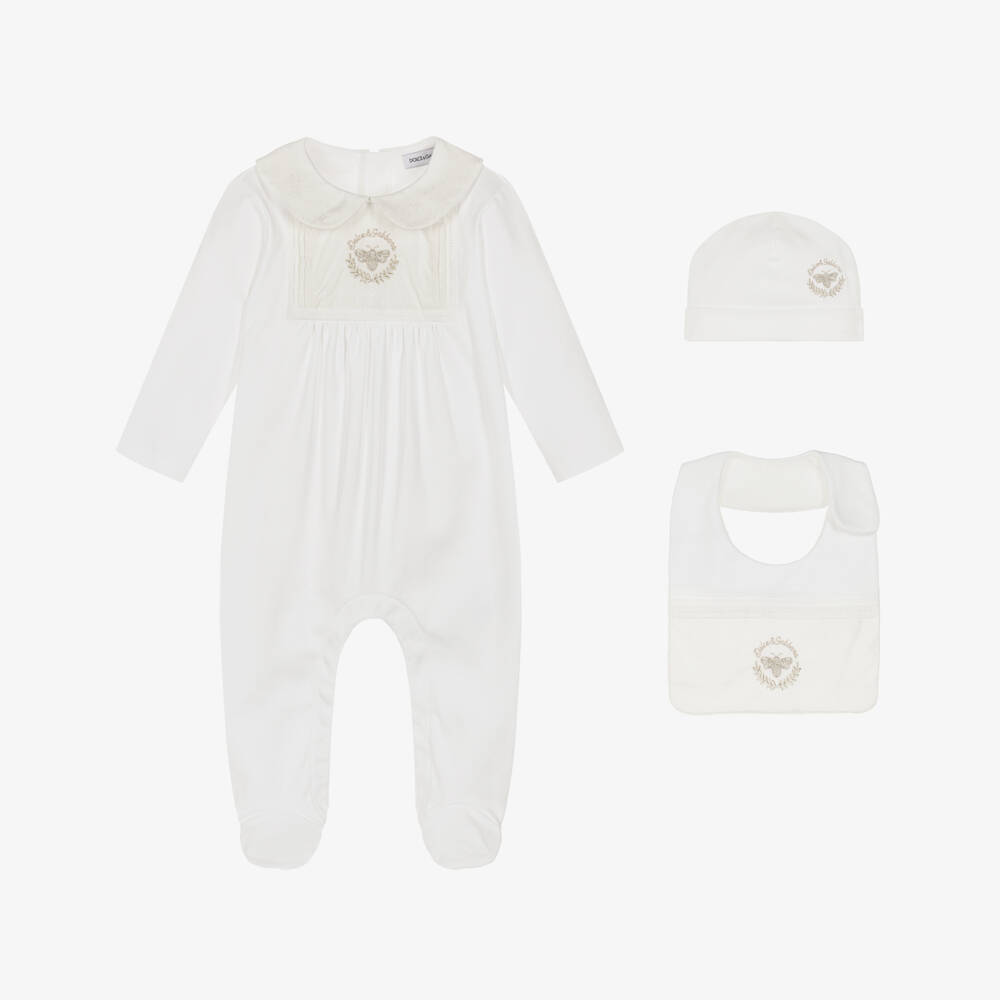 Dolce & Gabbana-Ivory Cotton Jersey Babygrow Set with Bee Logo | Childrensalon Outlet