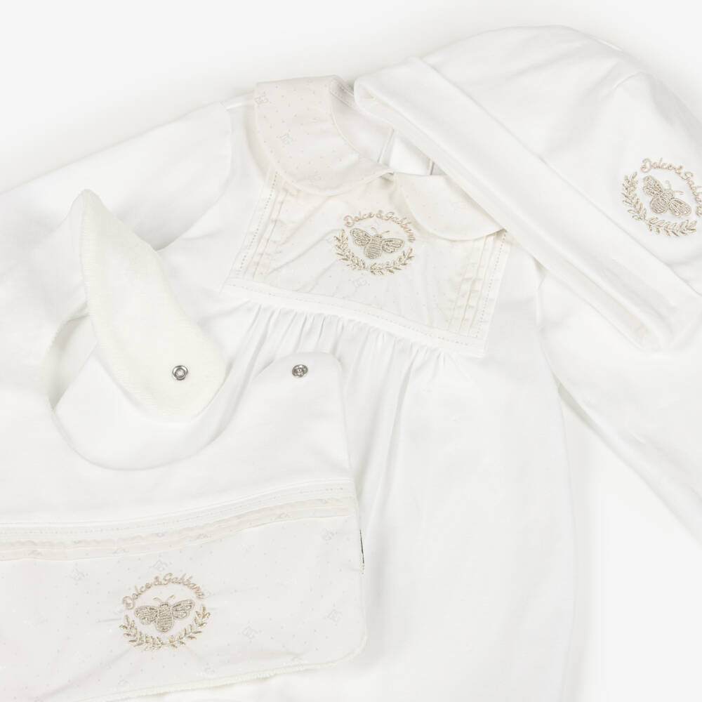 Dolce & Gabbana-Ivory Cotton Jersey Babygrow Set with Bee Logo | Childrensalon Outlet