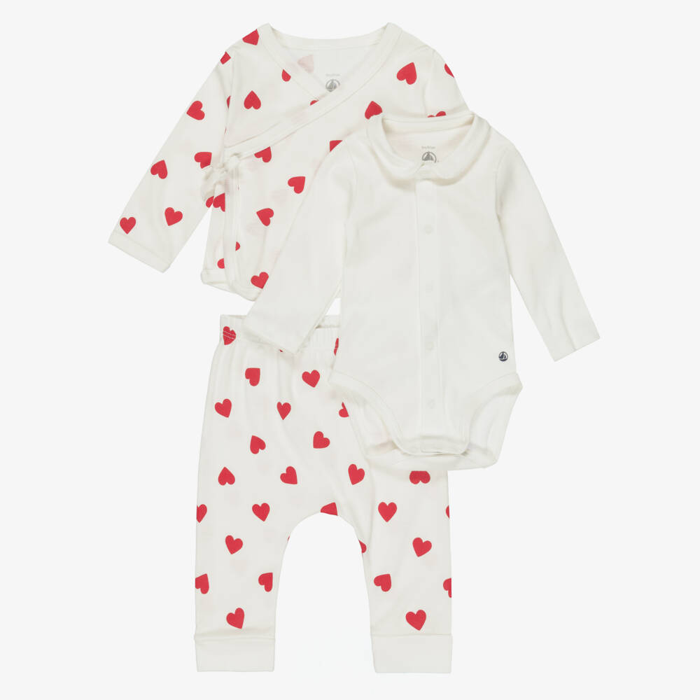 Petit Bateau-Ivory Cotton Jersey Heart Print Baby Trouser Set | Childrensalon Outlet